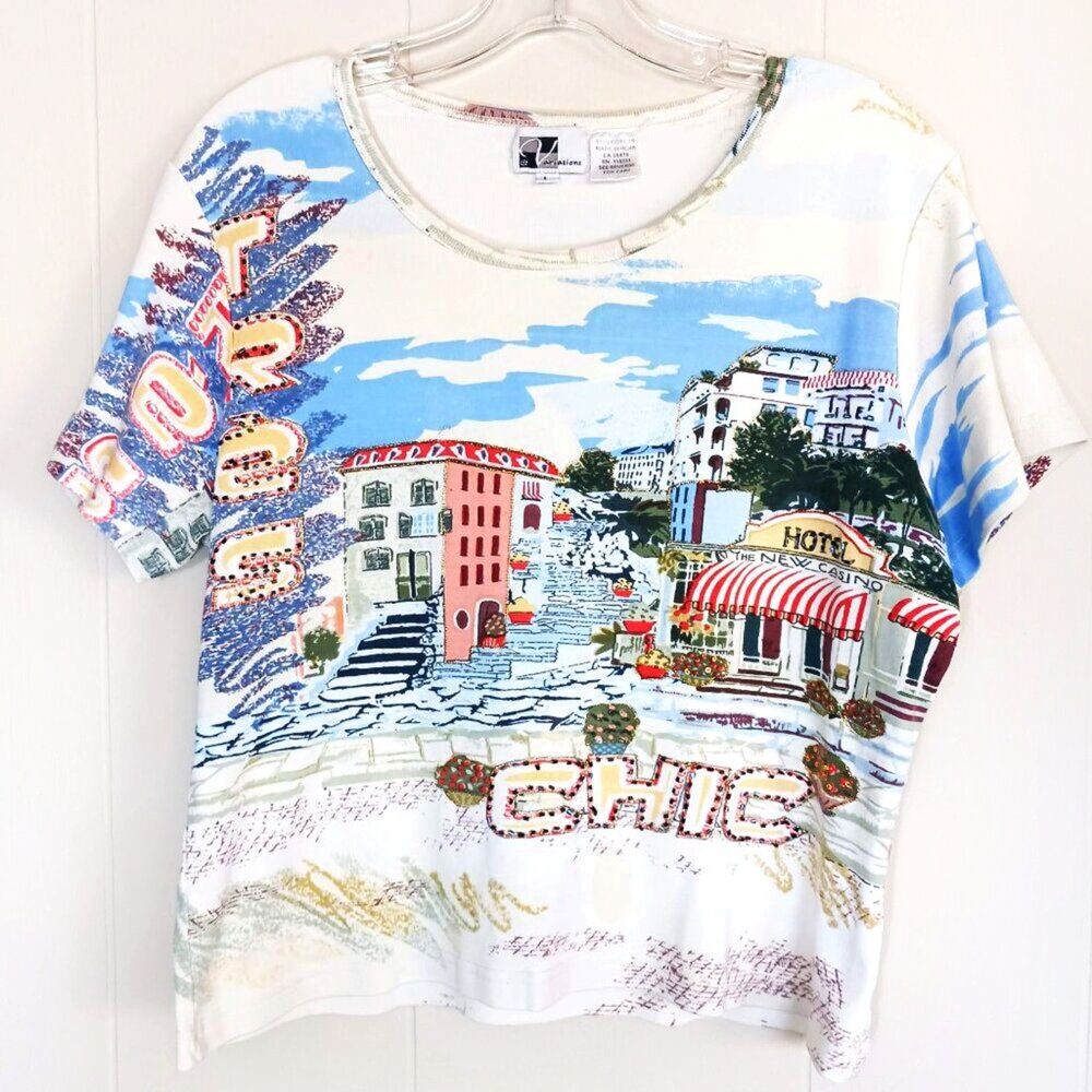 Vintage Beaded Scenic Top, 100% Cotton Size L
